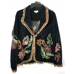 Vandana Blazer Jacket Large Women's Velveteen Embroidered Vintage Boho Black